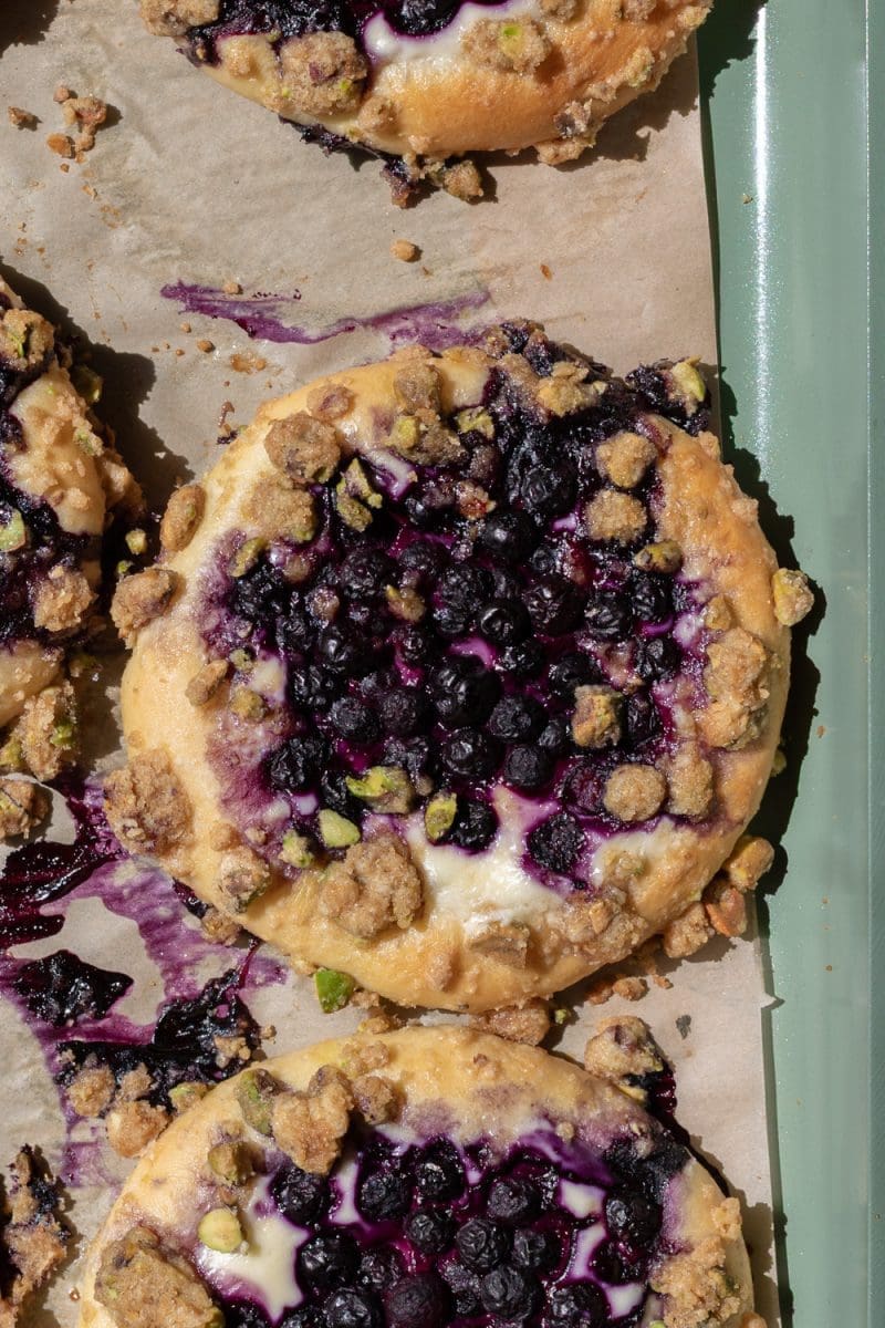 Close up of one of the blueberry cheesecake buns.