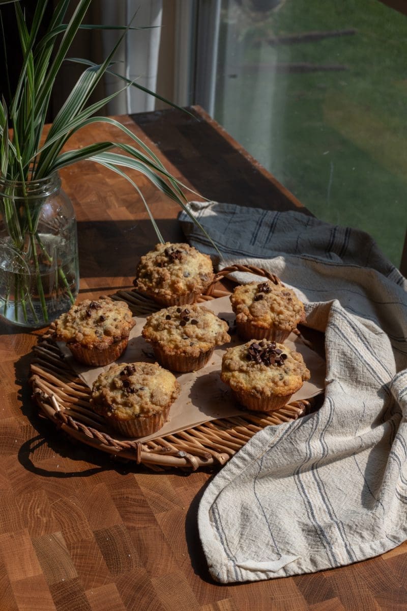Small batch chocolate chip muffins on a serving tray.