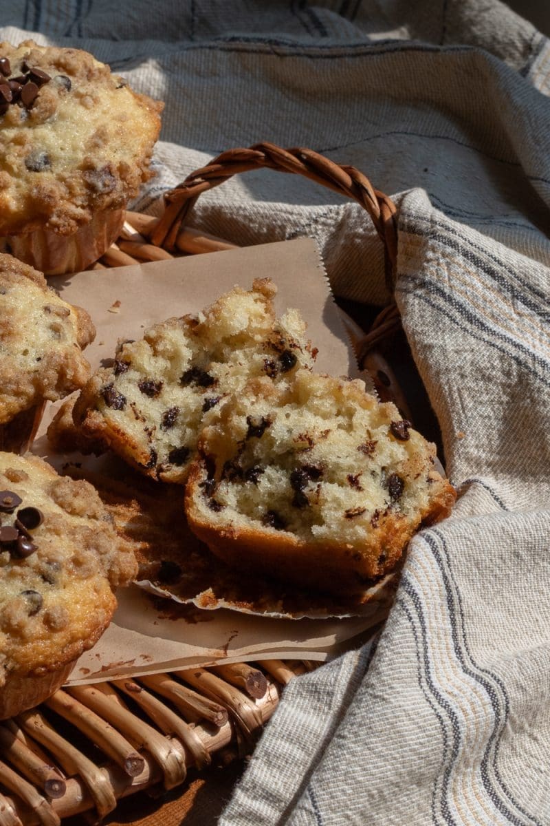 Close up of the cross section of the small batch chocolate chip muffins.