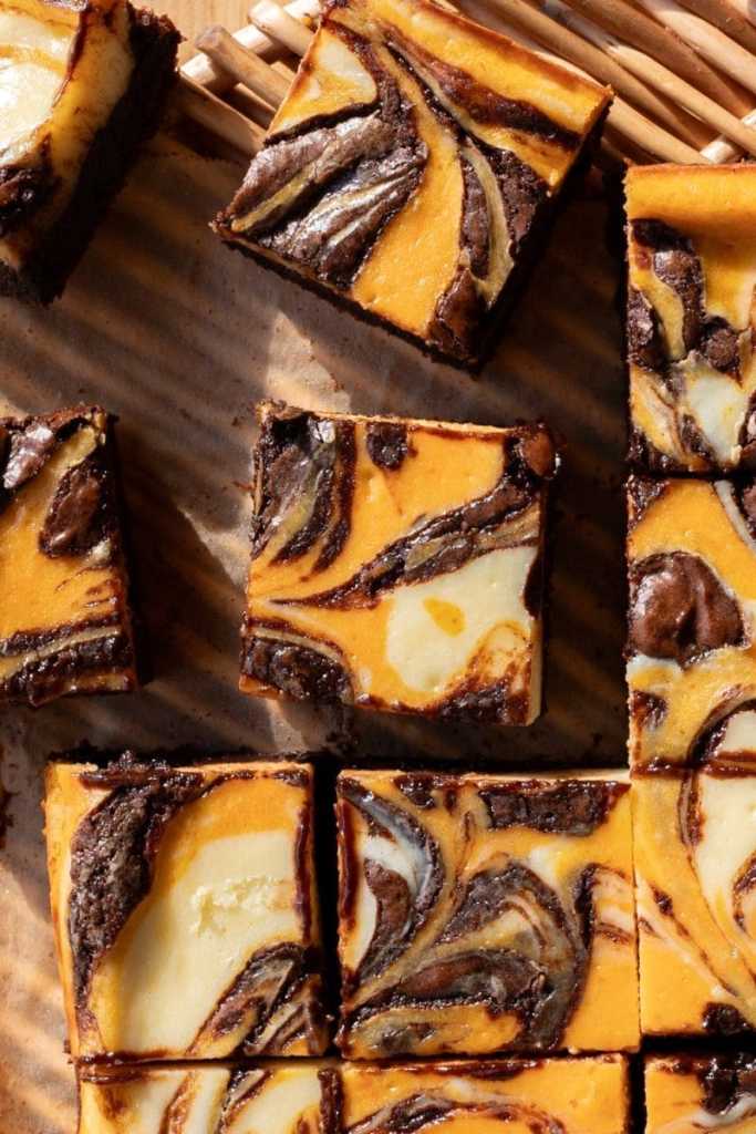 Close up of the pumpkin cheesecake brownies.