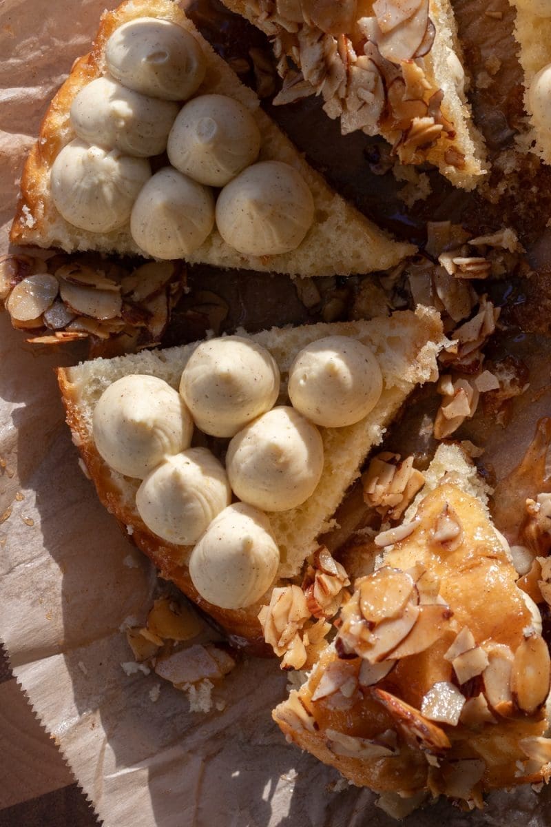 Close up of the filling piped on to a bee sting slice.