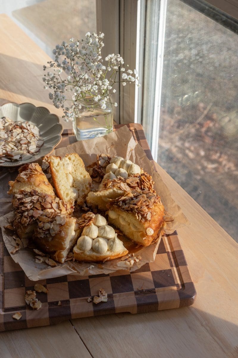 Angled view looking at the bee sting cake on a serving board.