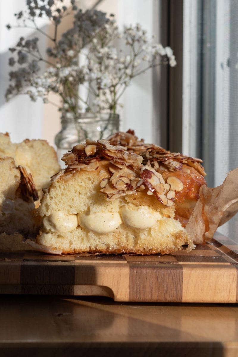 Close up of a slice of bee sting cake.