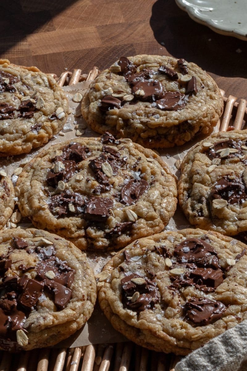 Side view of the brown butter oatmeal chocolate chip cookies.