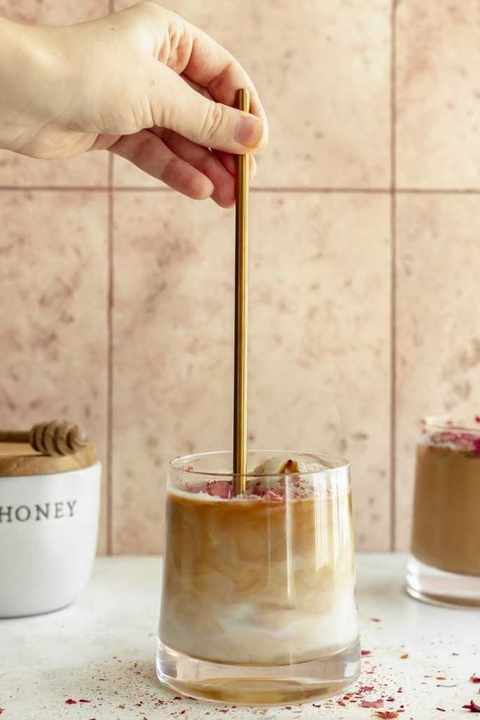 stirring around the iced honey rose latte