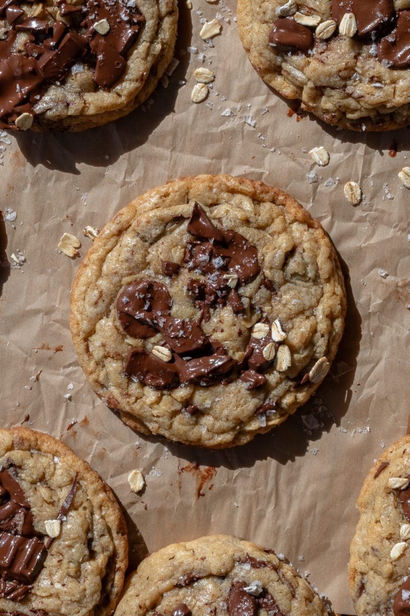 Close up of one of the brown butter oatmeal chocolate chip cookies.