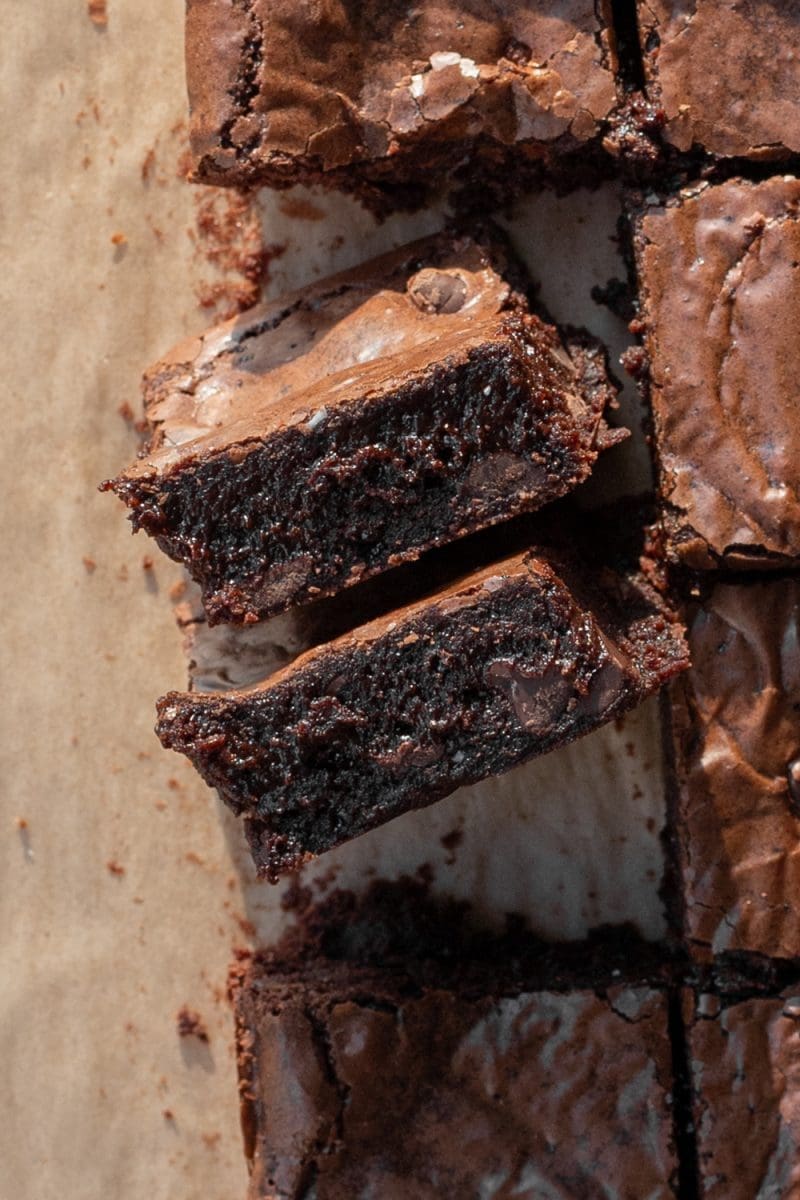 Close up cross-section of the small batch fudge brownies.