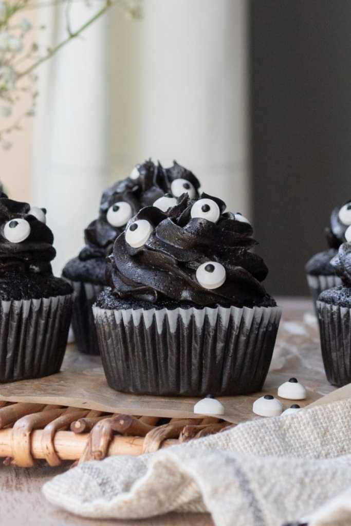 Close up of one of the black cocoa cupcakes.