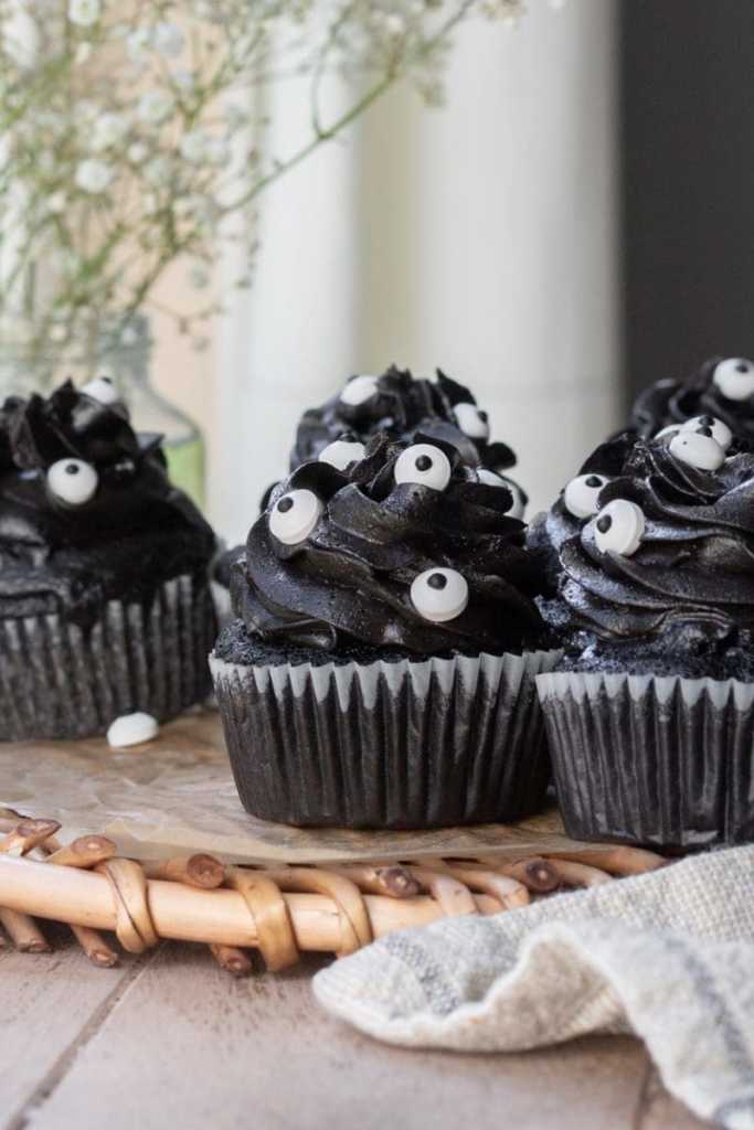 Close up of the black cocoa cupcakes