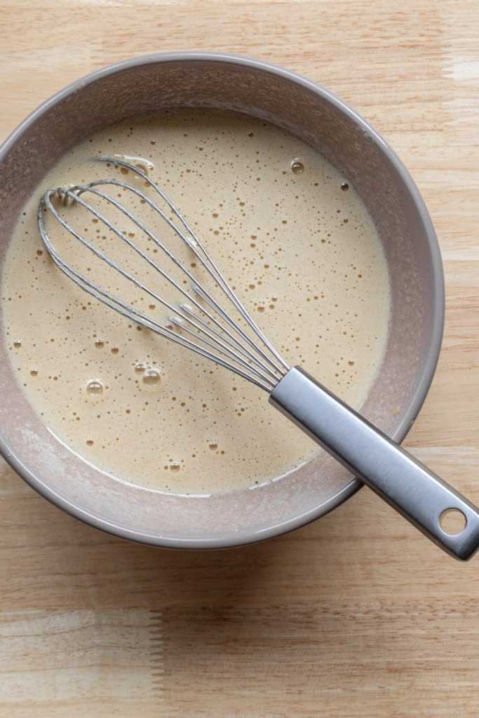 The eggs and sugar whisked together.