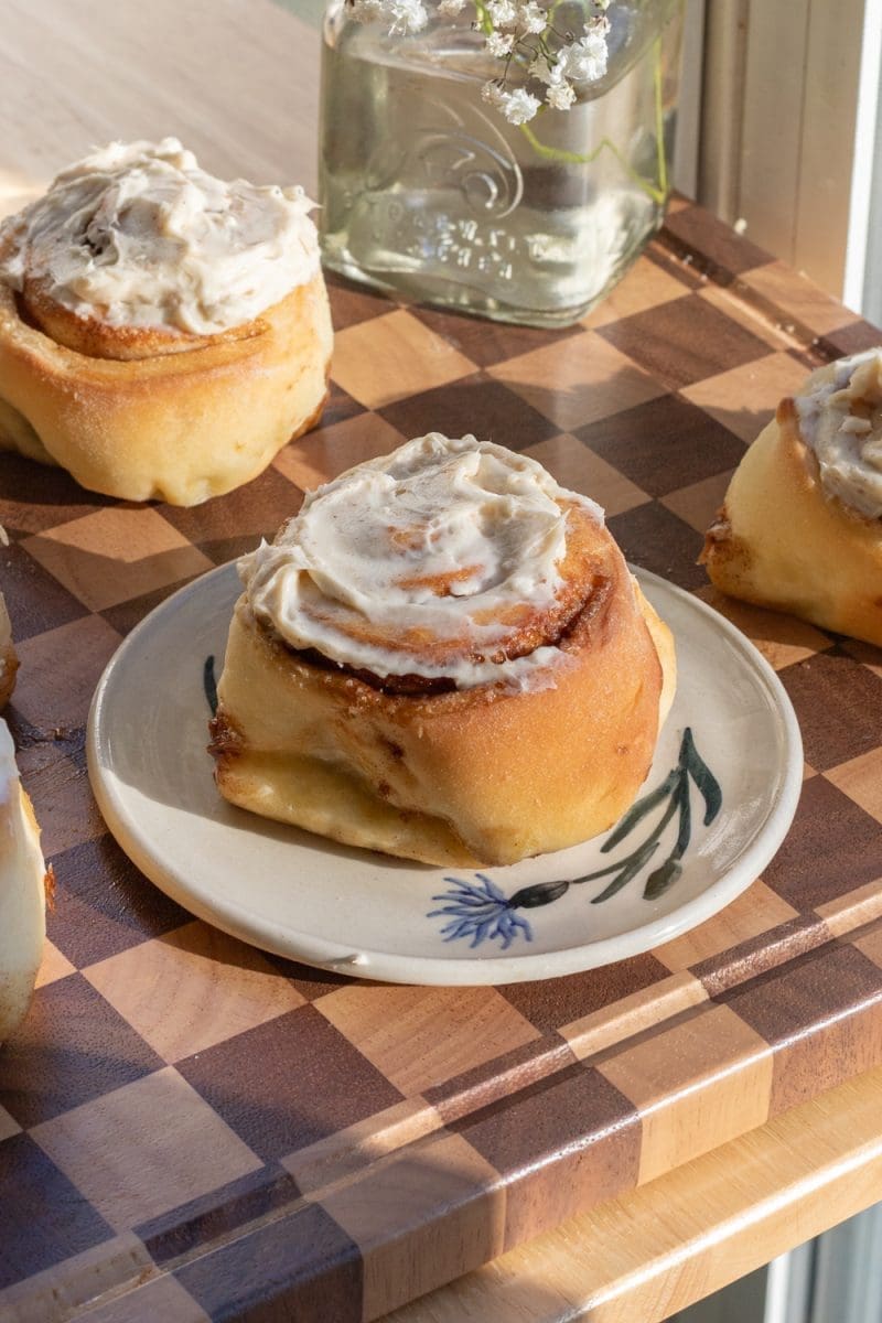 Close up of one of the small batch cinnamon rolls.