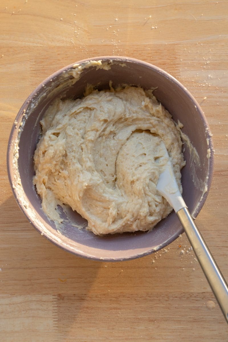 The finished coffee cake batter in a mixing bowl.