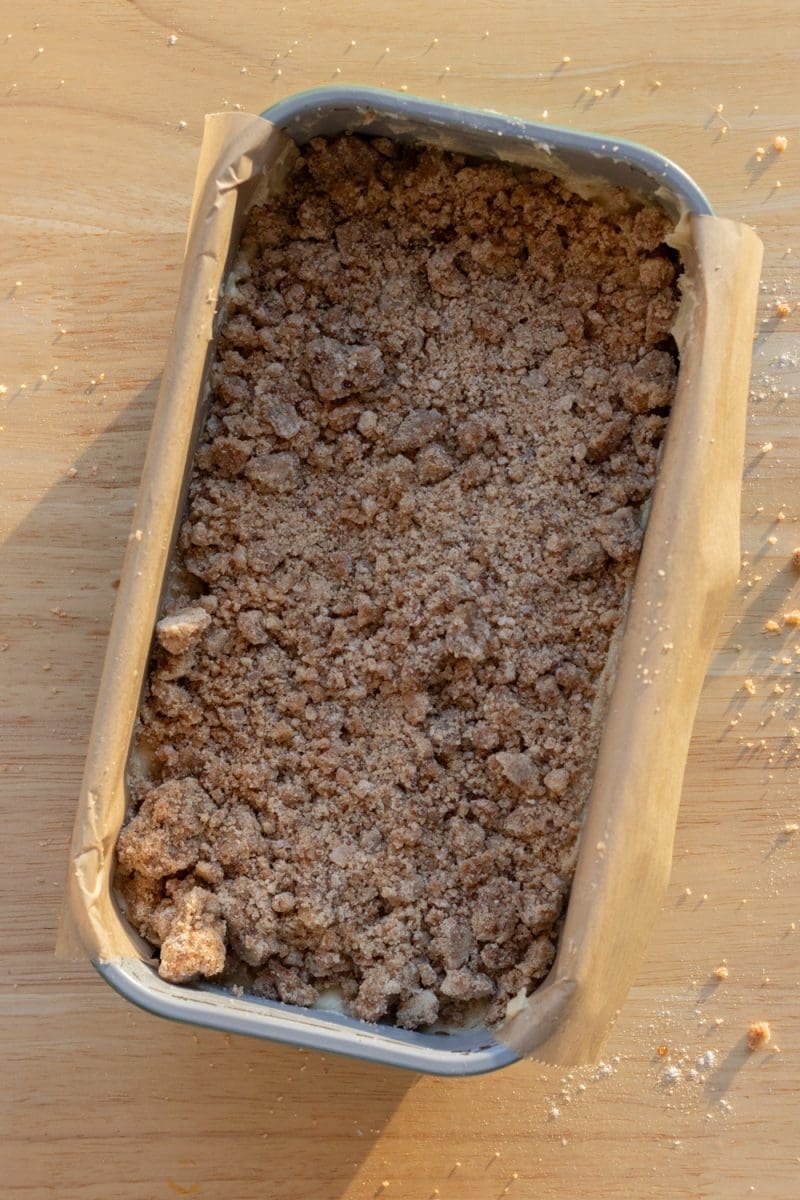 The coffee cake layered in a loaf pan.