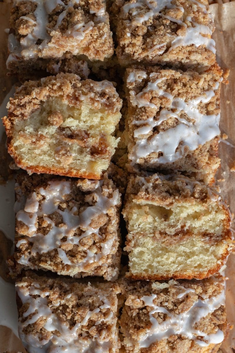 Small batch coffee cake cut in slices on a tray.