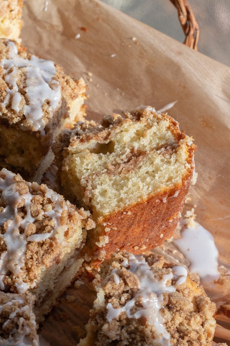 Close up cross-section of the small batch coffee cake.