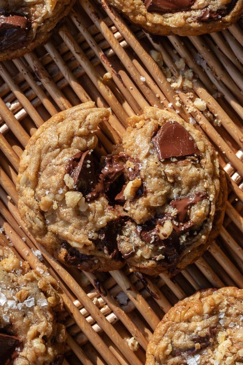 A banana bread chocolate chip cookie broken in half.