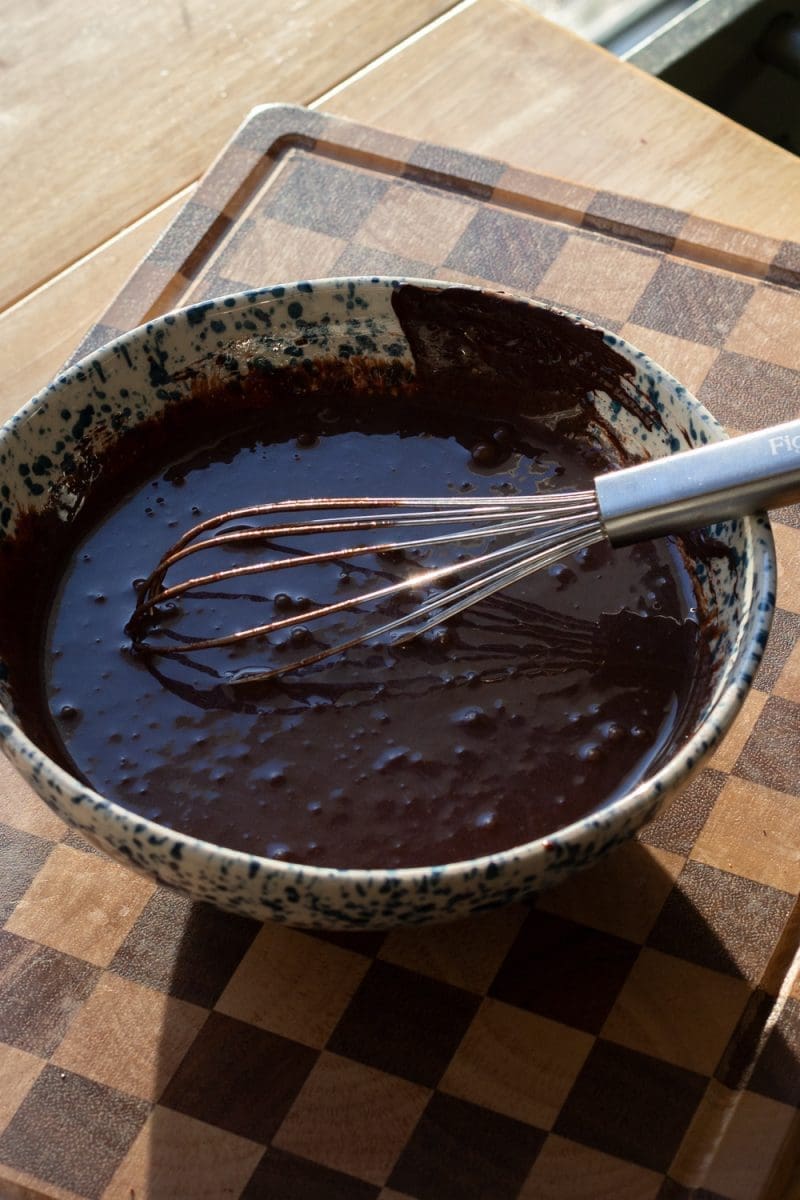 The wet ingredients whisked together in a mixing bowl.