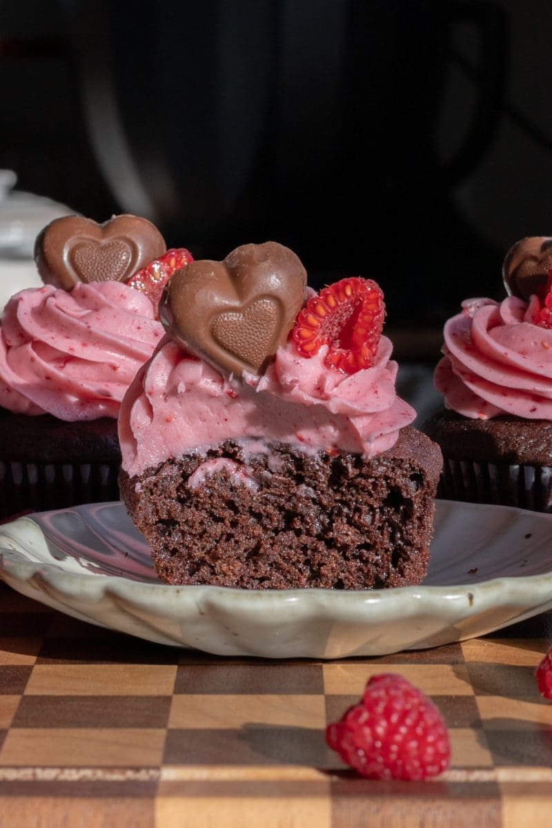 Close up cross-section of the chocolate raspberry cupcakes.