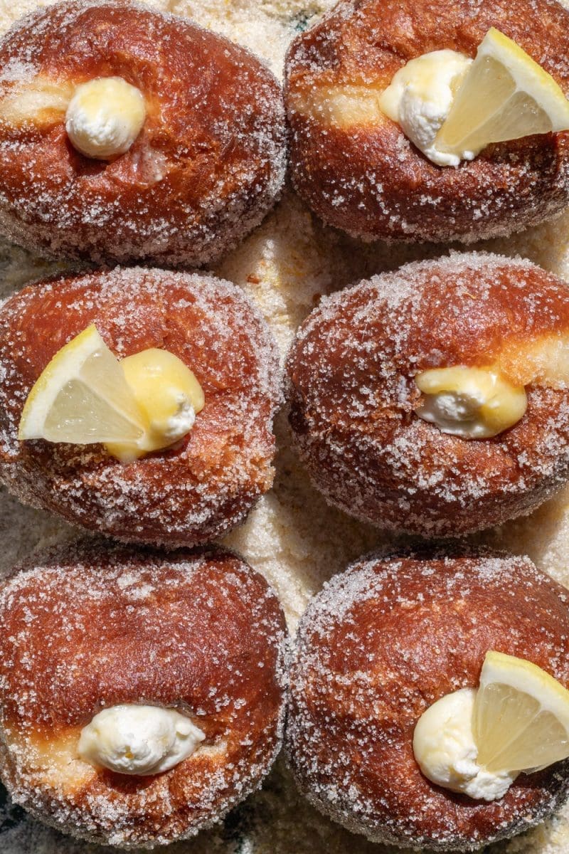 Close up of the filled lemon brioche donuts.
