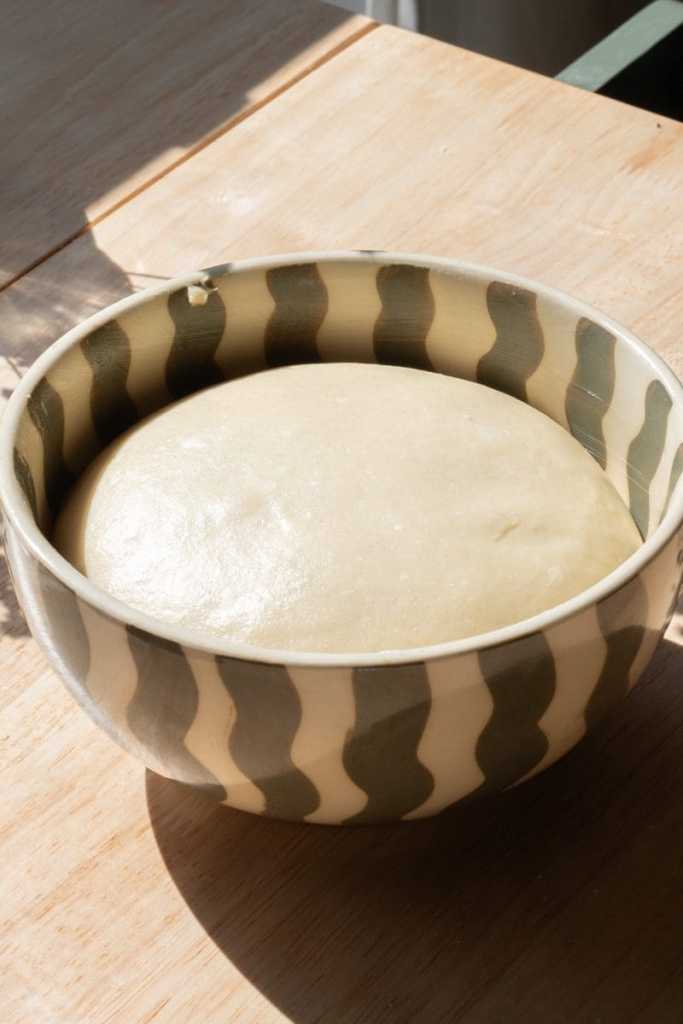 The brioche dough in a mixing bowl, rising.