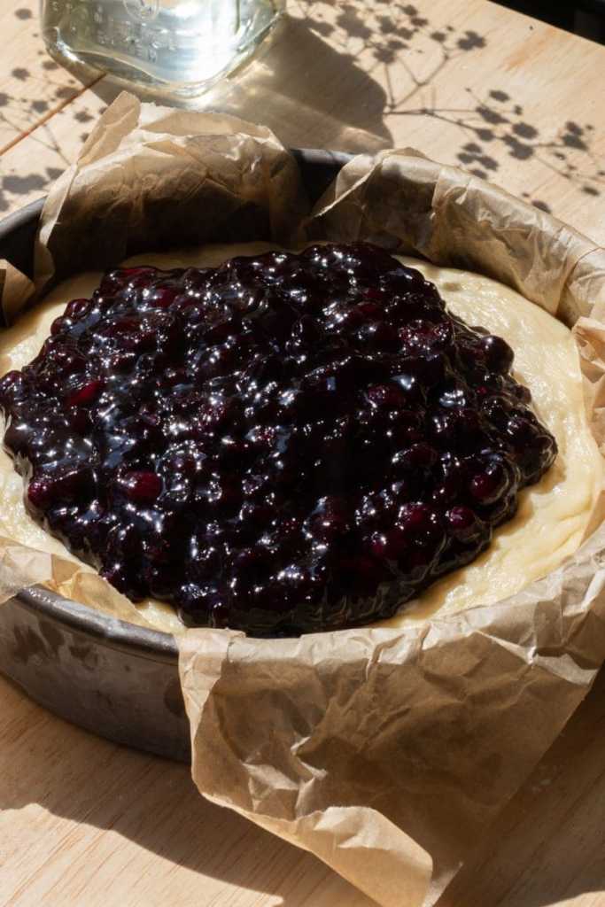 The blueberry jam on top of the brioche.