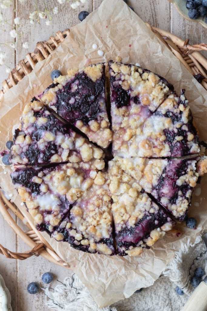 Flat lay overview of the blueberry brioche crumb cake.