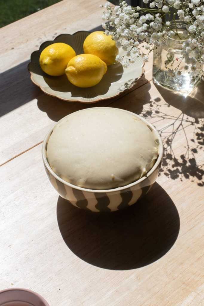 The milk bread brioche dough in a mixing bowl, risen to the top.