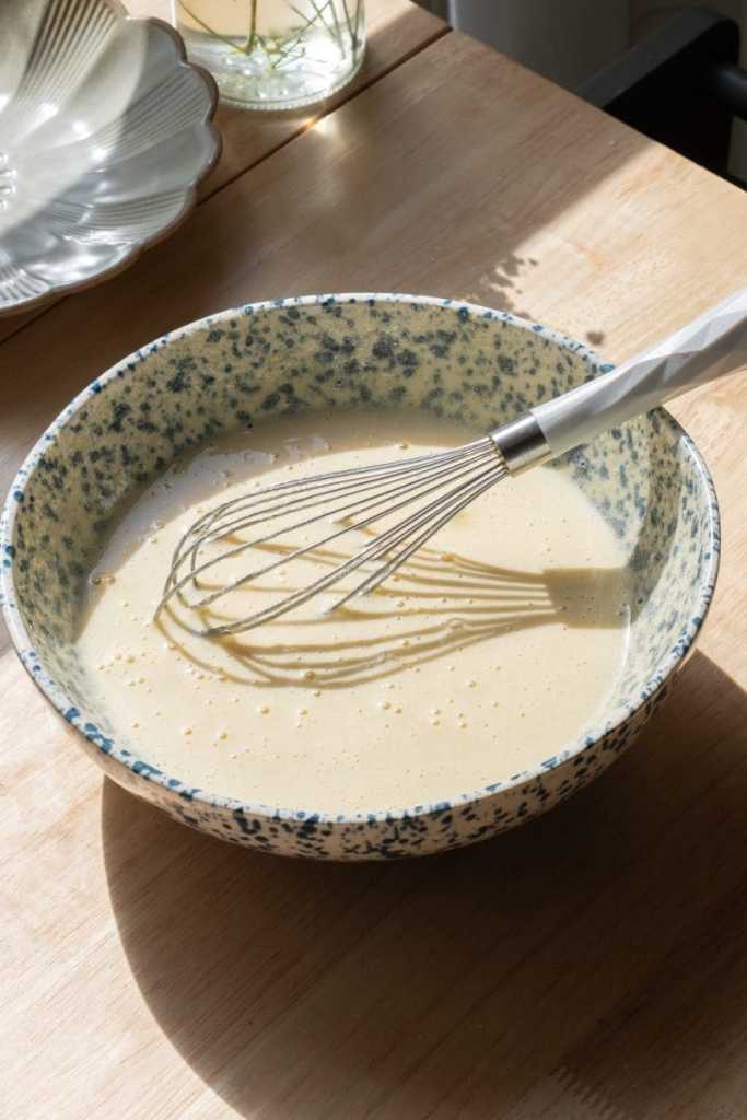 The eggs and sugar whisked together.