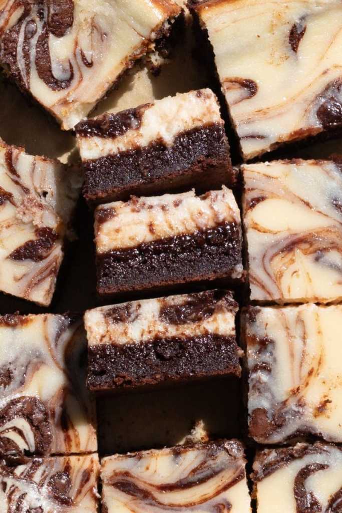 Close up of the cross-section of the cheesecake brownies.