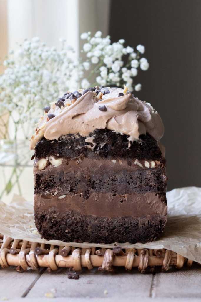 Cross-section of the chocolate hazelnut ice cream cake.