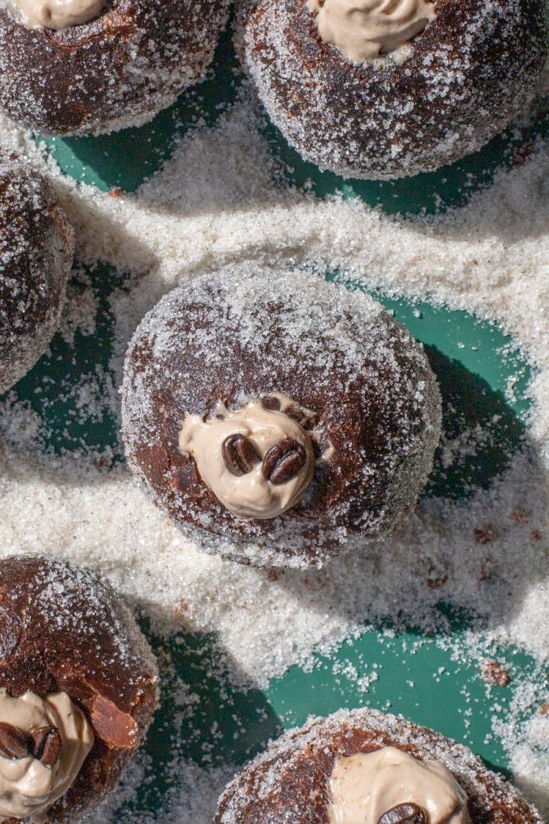 Close up of one of the chocolate coffee donuts.