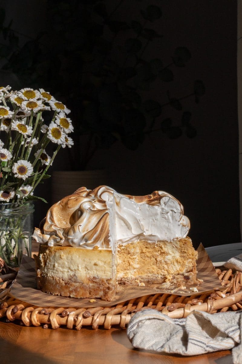 Cross-section of the pumpkin swirl cheesecake.