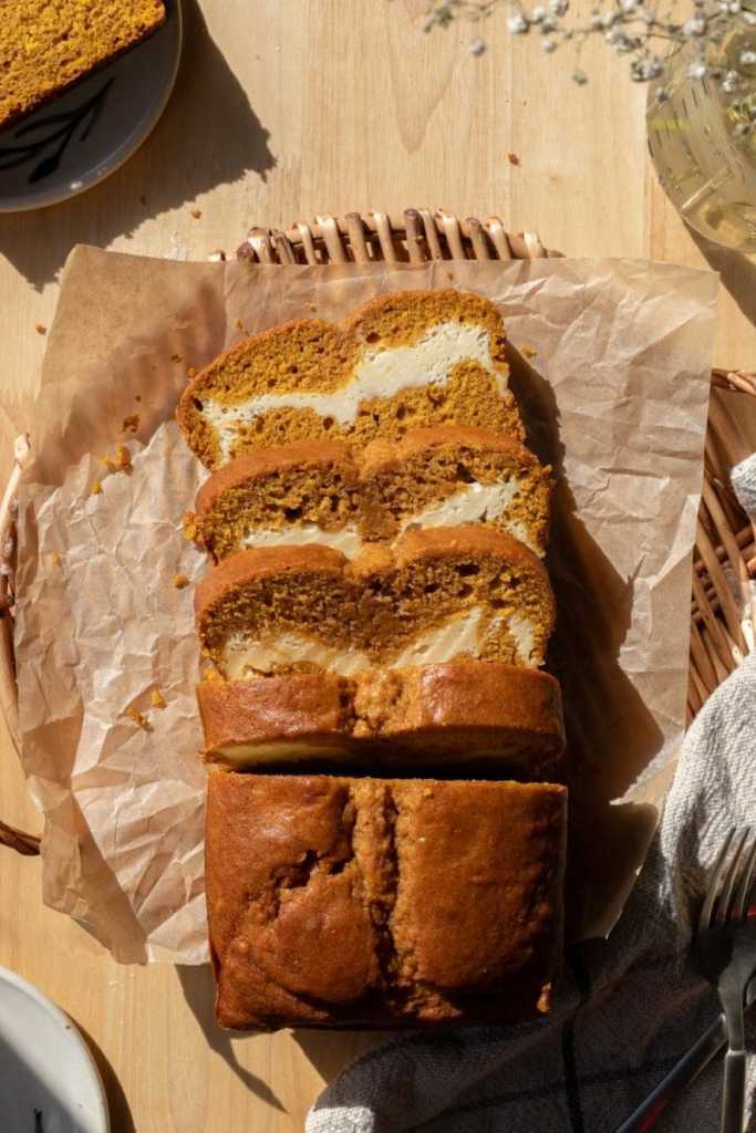 The cream cheese swirl pumpkin bread, sliced.