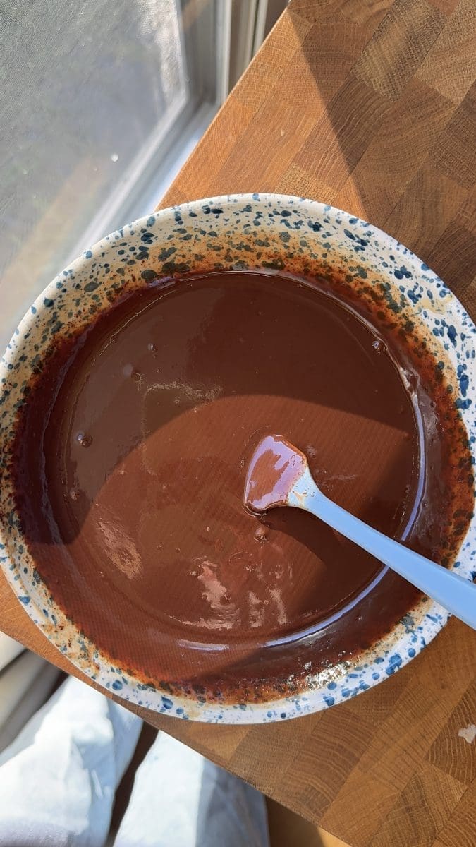 The espresso ganache in a mixing bowl.