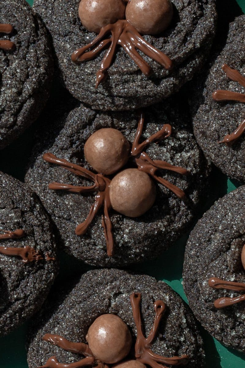 Close up of the halloween spider cookies.