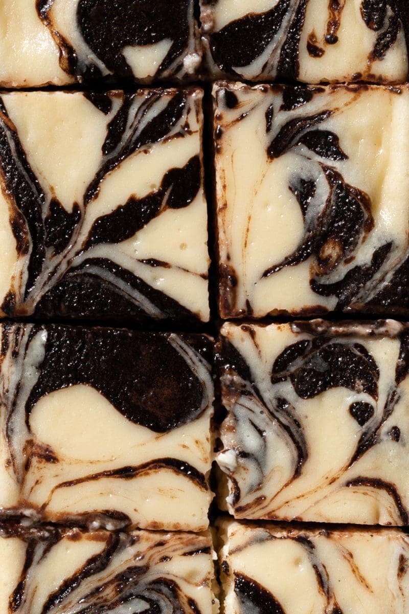 Close up of the tops of the dark chocolate cheesecake brownies.