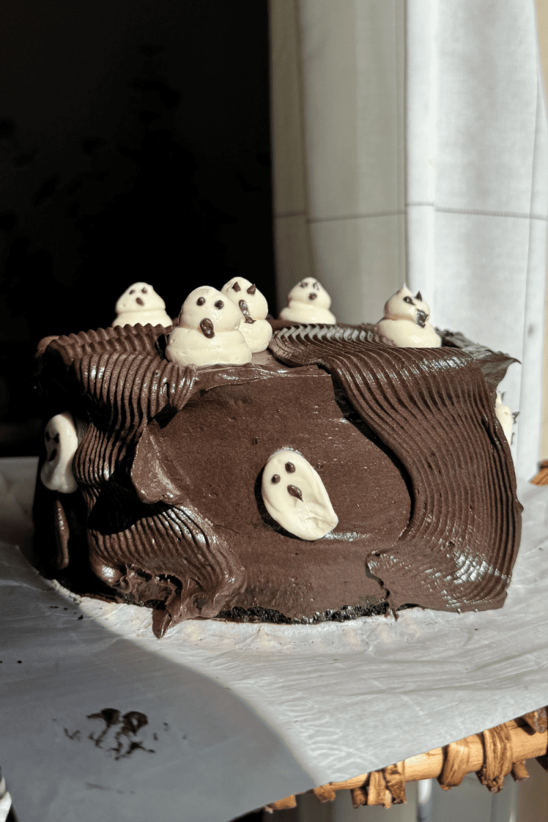 Close up of the frosted black cocoa cake.