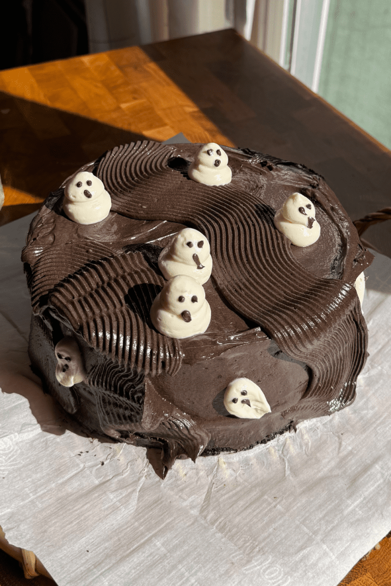 Overhead view of the black cocoa cake.