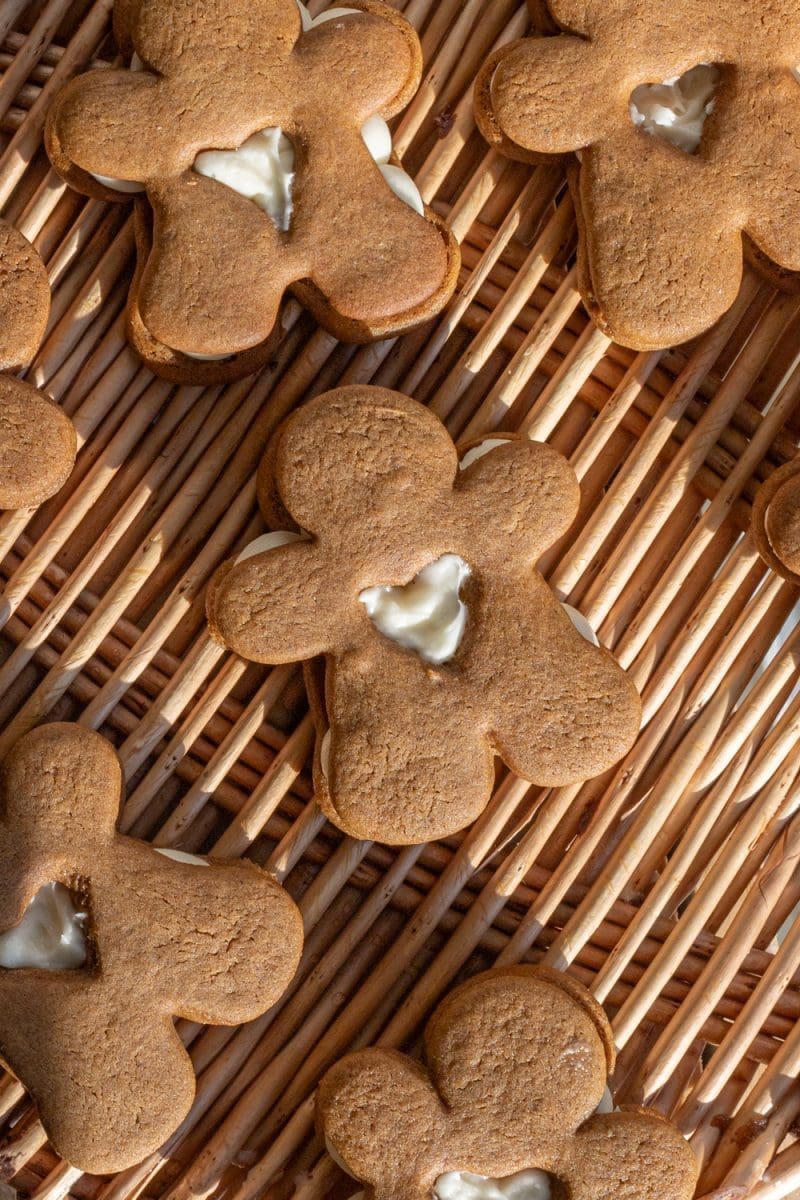 Close up of a gingerbread sandwich cookie.