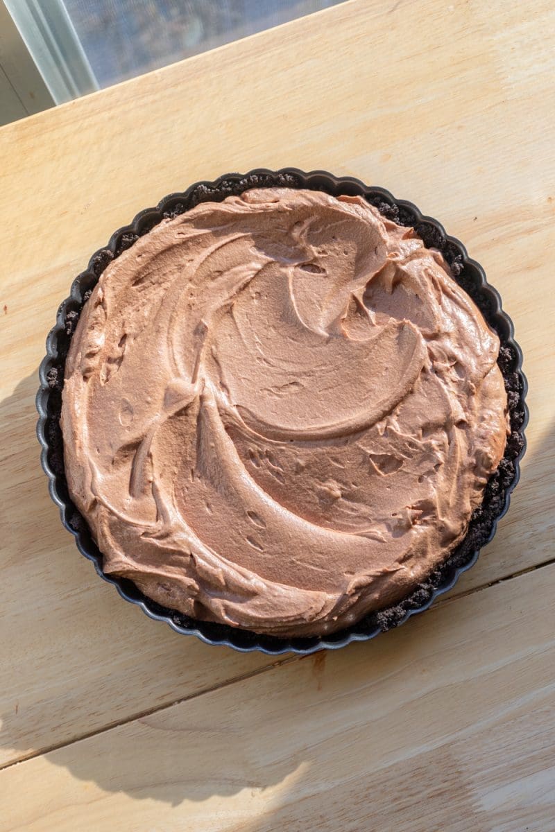 The french silk pie filling on top of the oreo crust.
