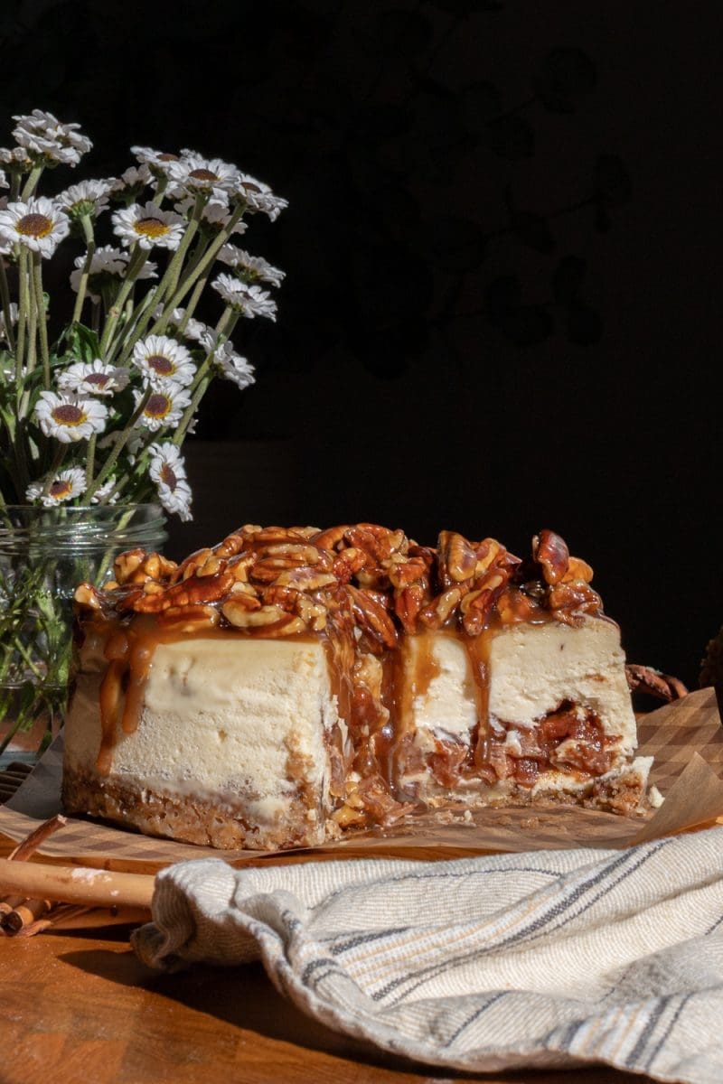 Cross-section of the apple pecan pie cheesecake.