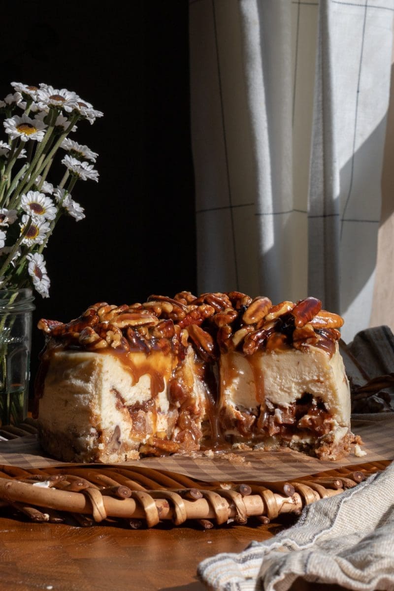 Cross-section of the apple pecan pie cheesecake.