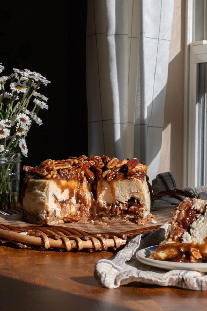 Cross-section of the apple pecan pie cheesecake.