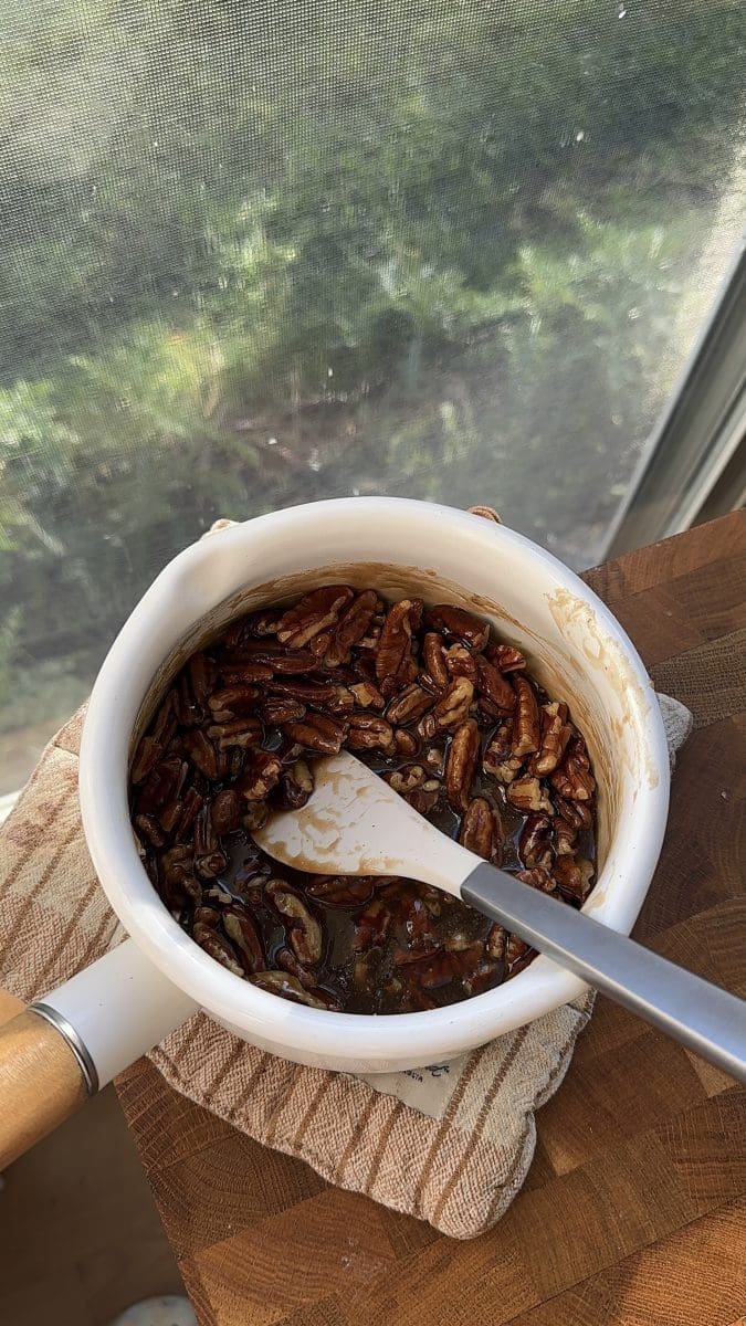 Pecan pie topping in a saucepan.