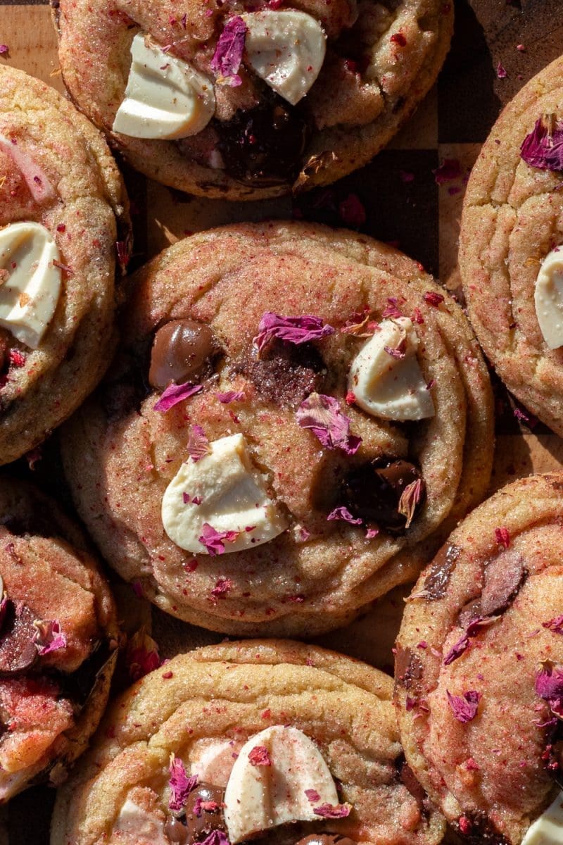 Close up of the rose chocolate chip cookies.