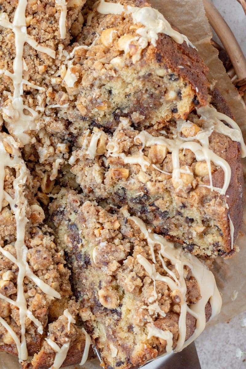 a close up of the hazelnut chocolate chip coffee cake slices.