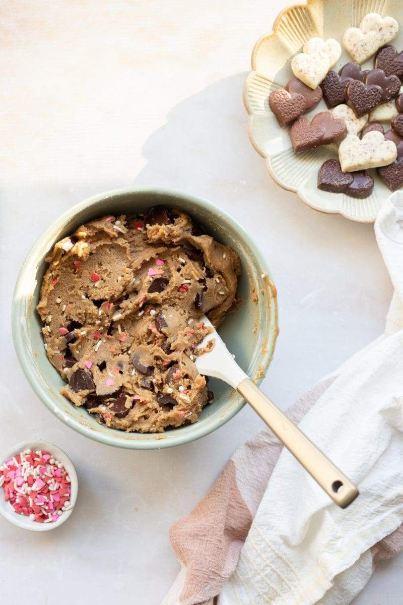 The finished cookie dough in the mixing bowl before being baked.