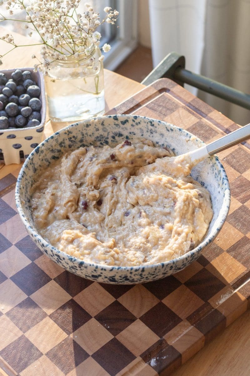 The finished cake batter in a mixing bowl.