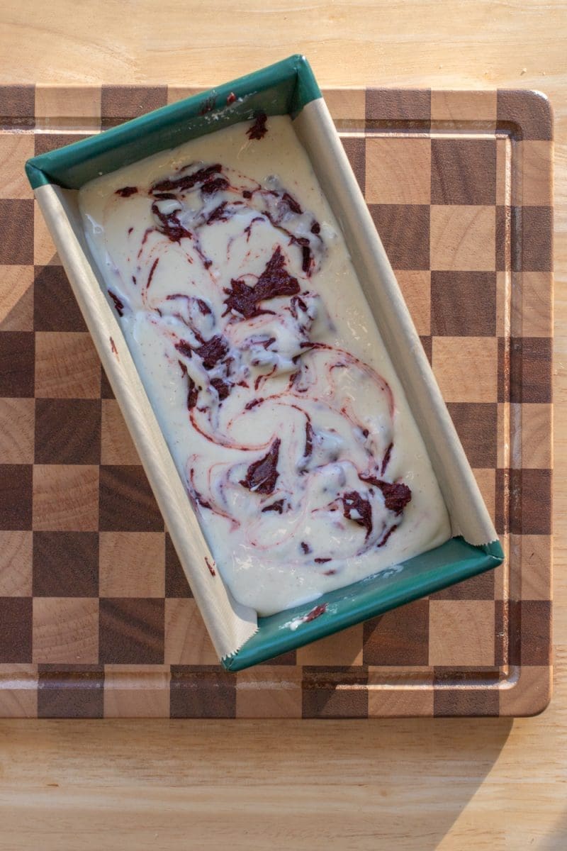 The brownie and cheesecake batter swirled together.