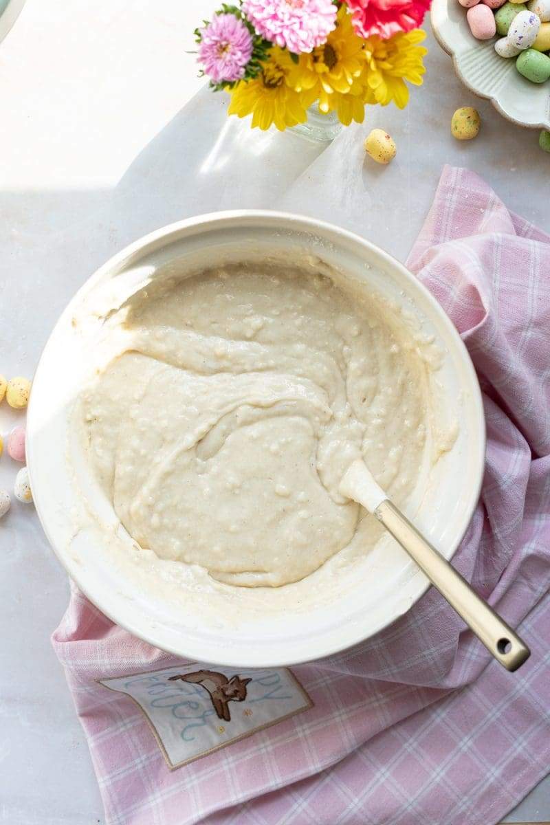 the finished cake batter in the mixing bowl, before being baked.